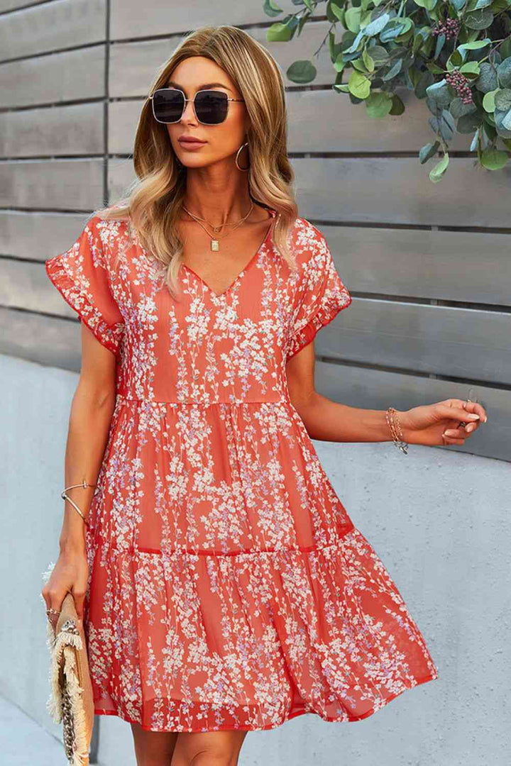 Printed V-Neck Short Sleeve Tiered Dress |1mrk.com