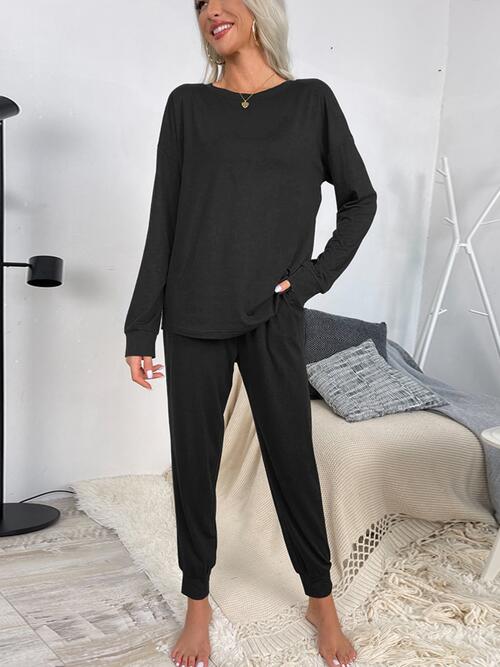 Round Neck Top and Drawstring Pants Lounge Set | 1mrk.com