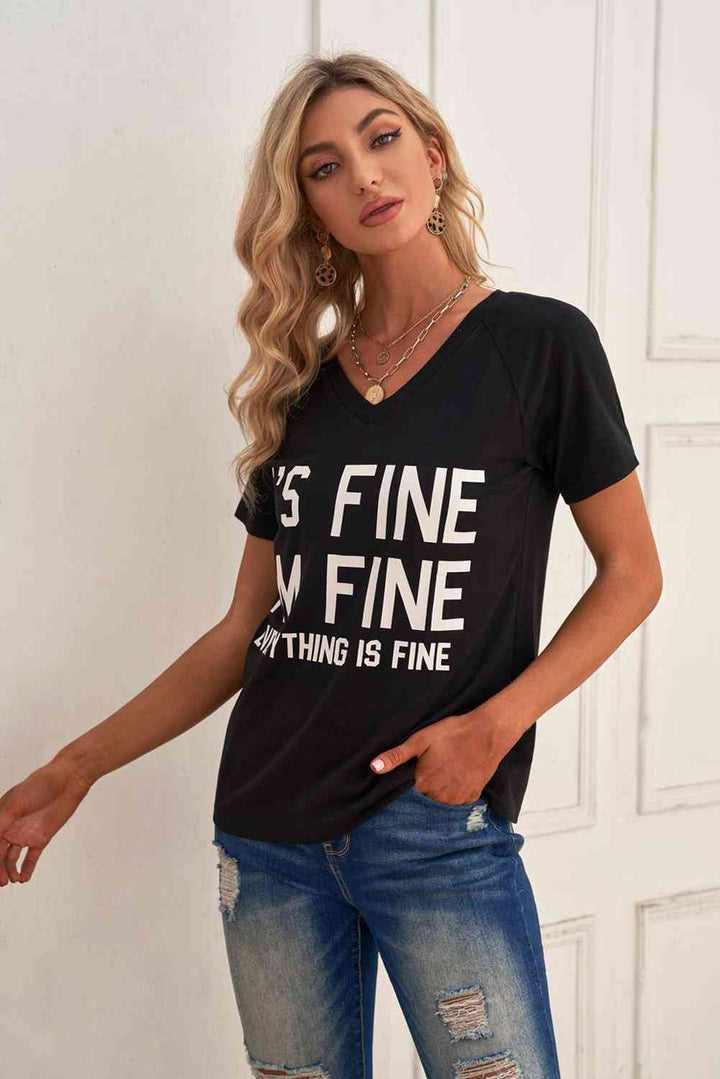 Slogan Graphic V-Neck Short Raglan Sleeve Tee | 1mrk.com