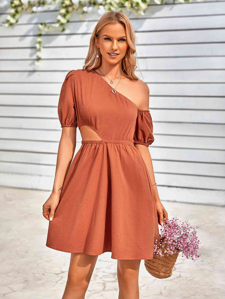 Cutout Asymmetrical Neck Puff Sleeve Dress |1mrk.com