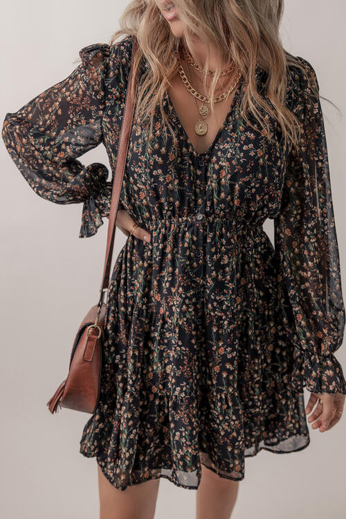 Printed Buttoned V-Neck Flounce Sleeve Dress | 1mrk.com