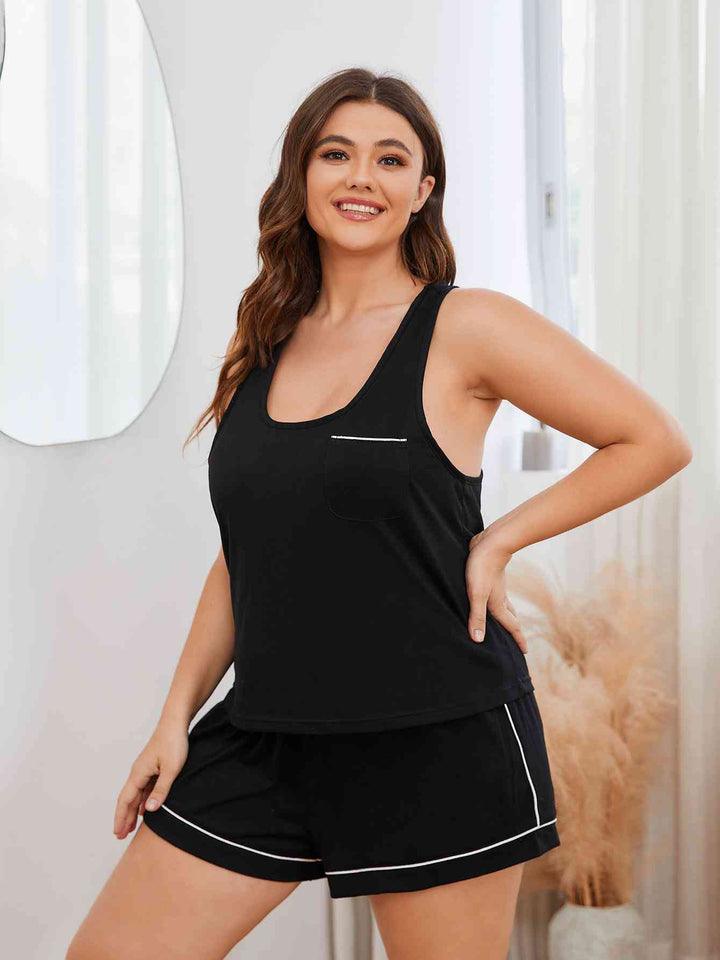 Plus Size Contrast Piping Racerback Tank and Shorts Lounge Set | 1mrk.com