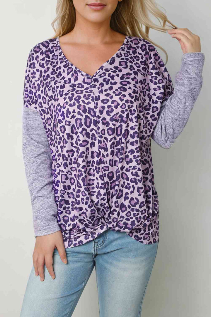 Leopard V-Neck Long Sleeve T-Shirt | 1mrk.com