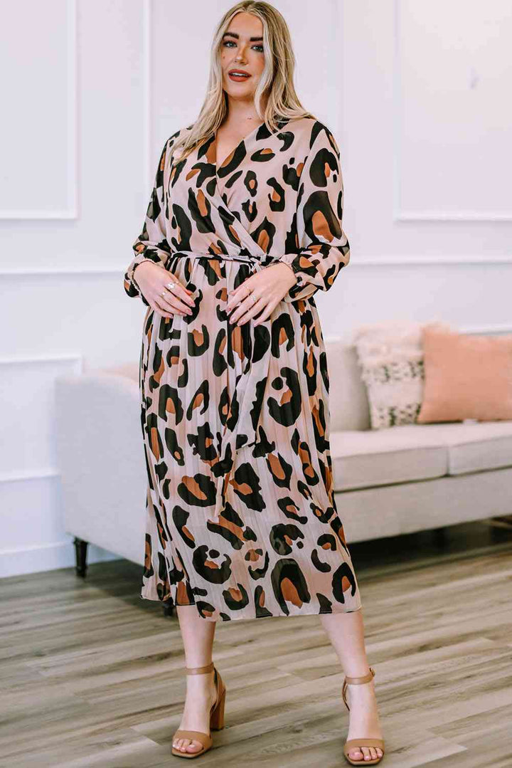 Plus Size Leopard Print Surplice Neck Long Sleeve Midi Dress |1mrk.com