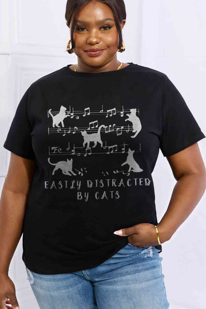 Simply Love Full Size EASILY DISTRACTED BY CATS Graphic Cotton Tee | 1mrk.com