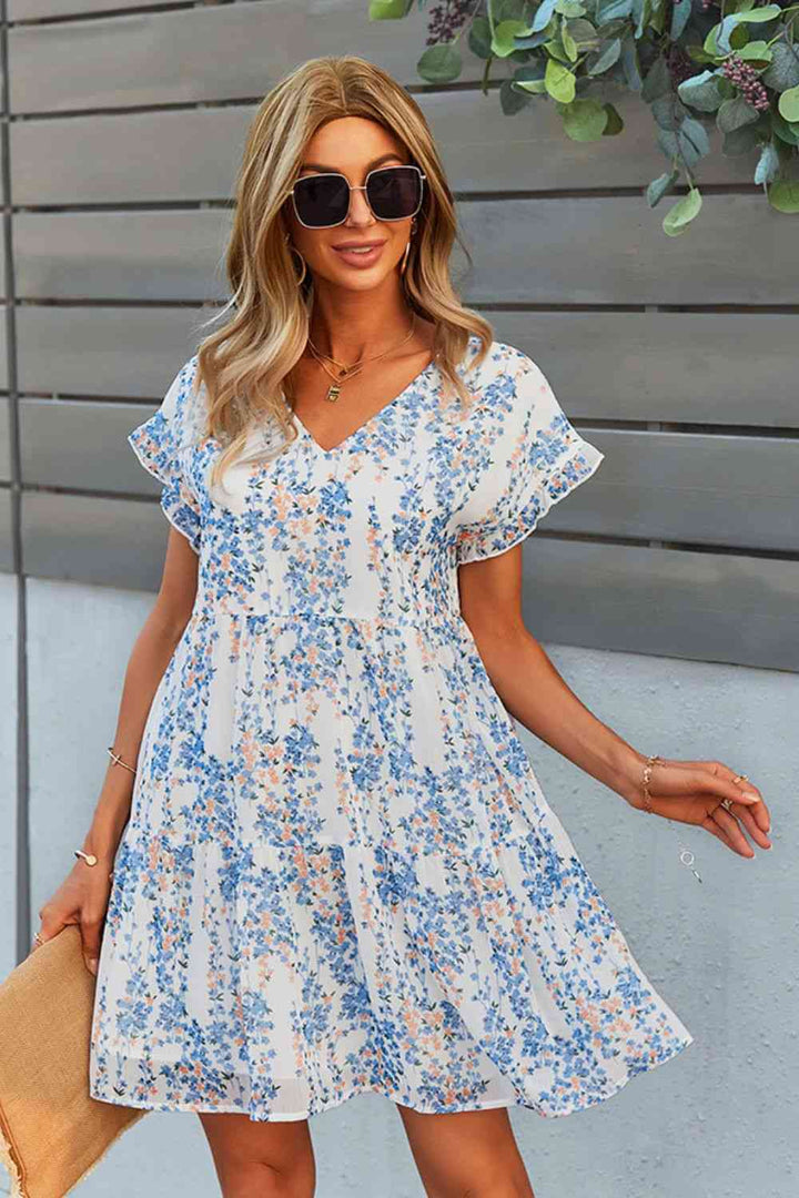 Printed V-Neck Short Sleeve Tiered Dress |1mrk.com