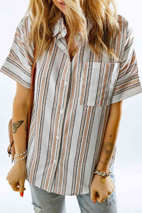 Striped Short Sleeve Shirt with Breast Pocket |1mrk.com