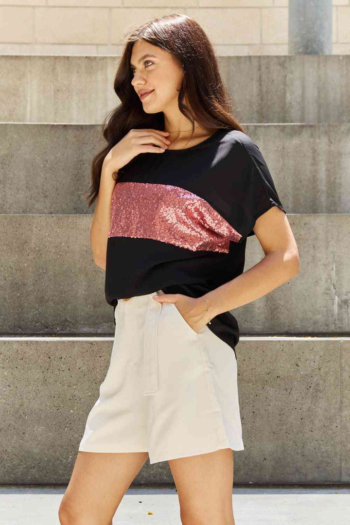 Sew In Love Shine Bright Full Size Center Mesh Sequin Top in Black/Mauve | 1mrk.com