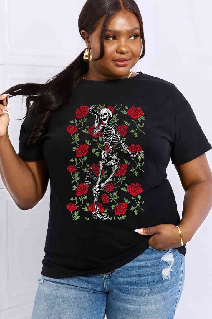 Simply Love Full Size Skeleton & Rose Graphic Cotton Tee | 1mrk.com