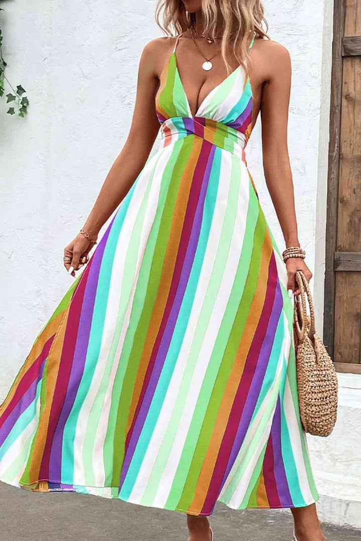 Multicolored Stripe Crisscross Backless Dress |1mrk.com