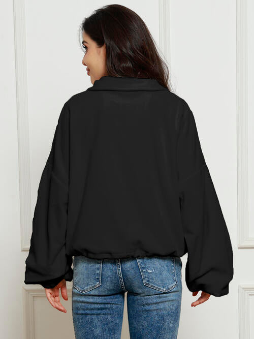 Half-Zip Collared Drop Shoulder Fleece Sweatshirt |1mrk.com