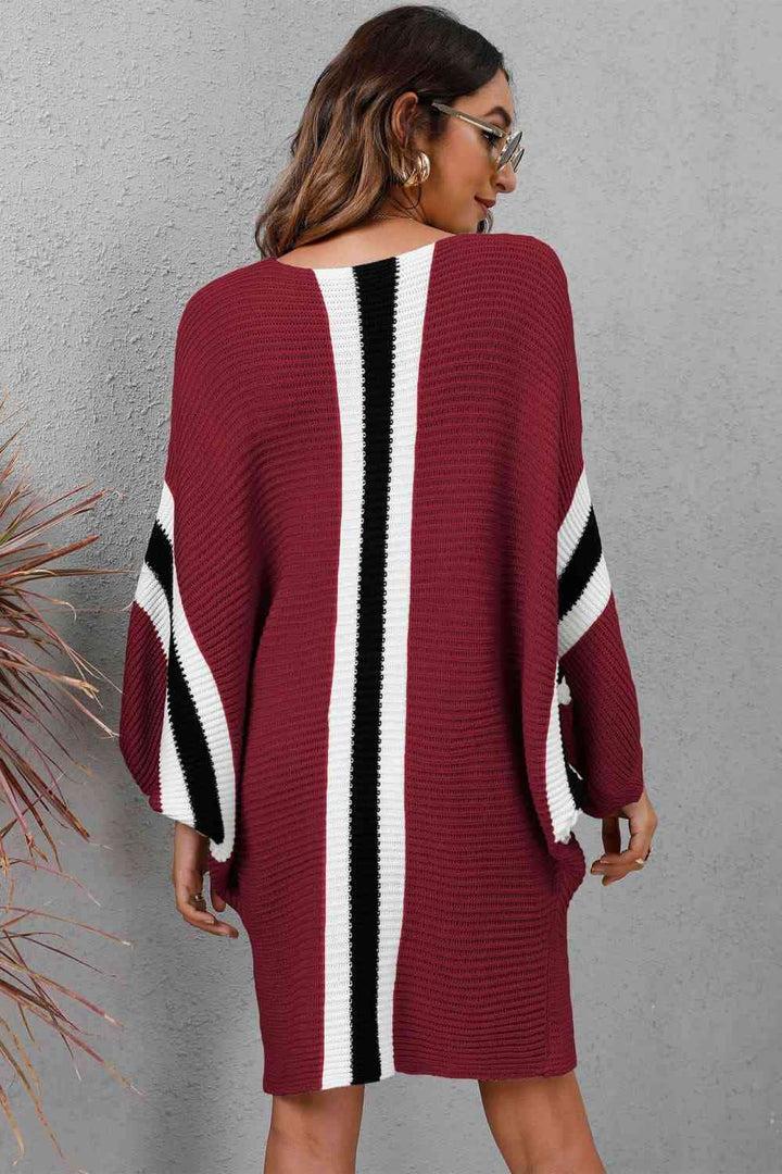 Ribbed Round Neck Long Sleeve Sweater Dress | 1mrk.com