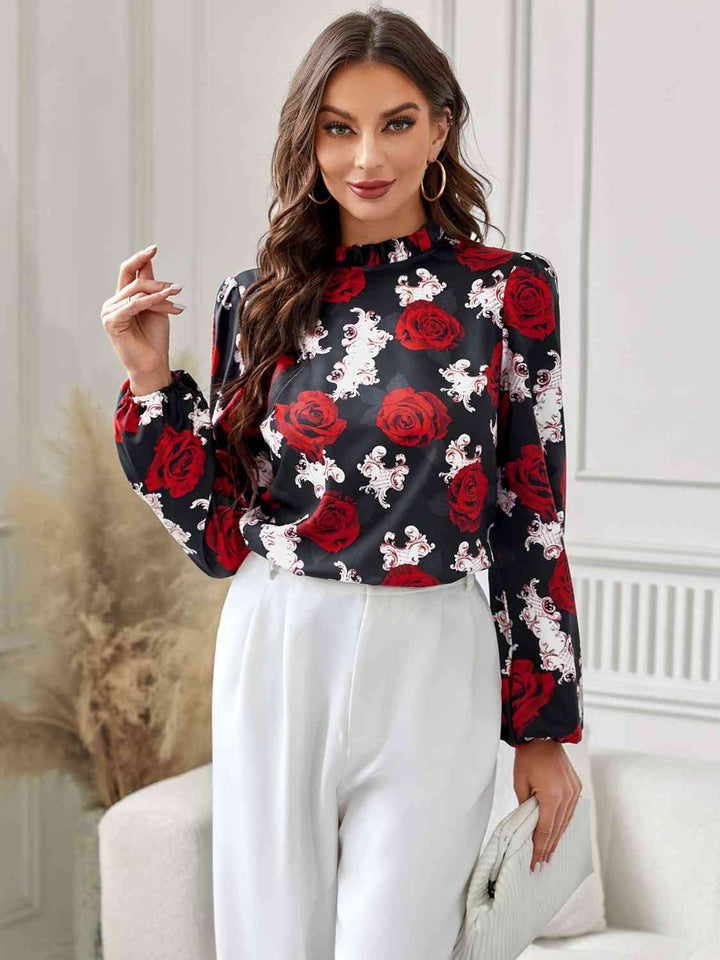 Floral Mock Neck Long Sleeve Blouse |1mrk.com