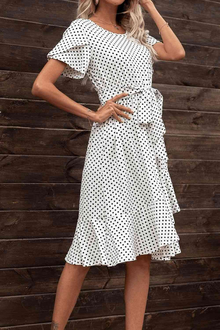 Tie Waist Petal Sleeve Ruffle Hem Dress |1mrk.com