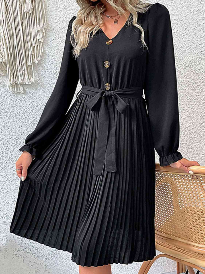 Decorative Button Belted Puff Sleeve Pleated Dress | 1mrk.com
