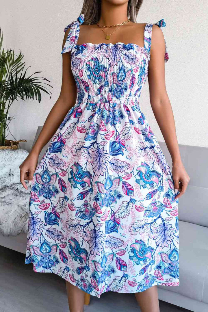 Floral Tie Shoulder Smocked Midi Dress |1mrk.com