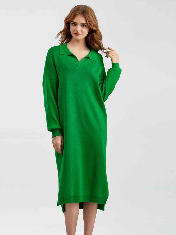 Johnny Collar Long Sleeve Slit Sweater Dress |1mrk.com