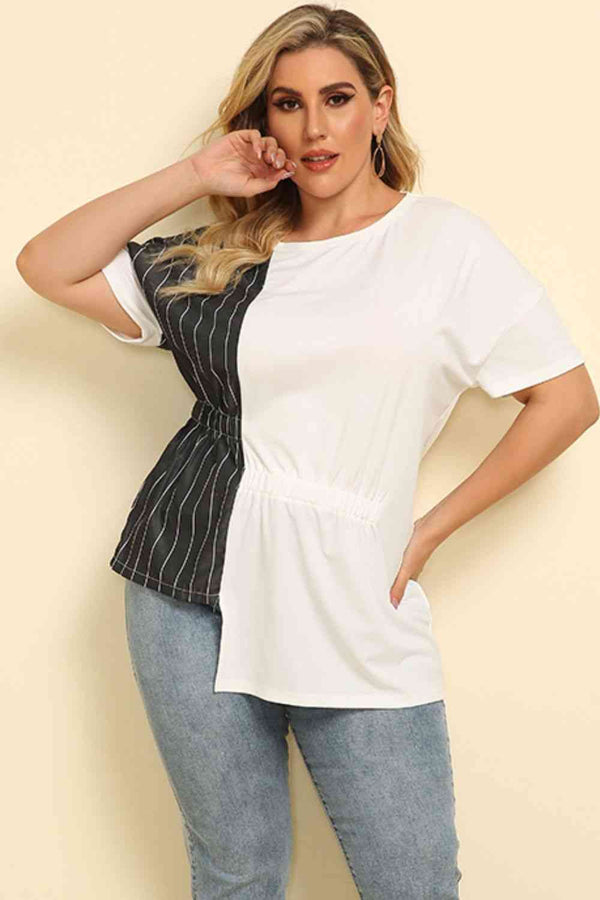 Plus Size Striped Color Block Asymmetrical T-Shirt | 1mrk.com