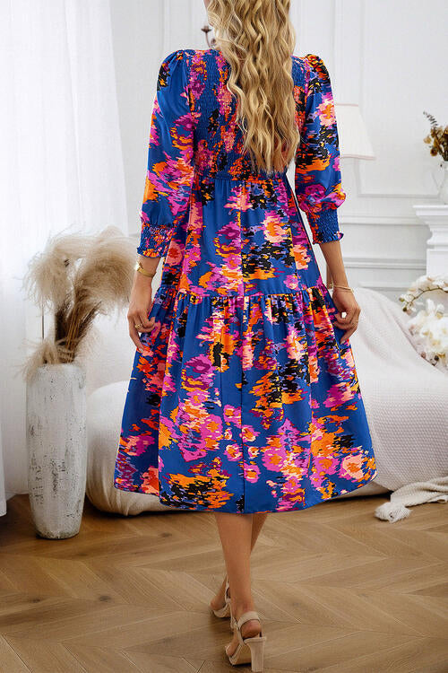 Printed Smocked Lantern Sleeve Ruffled Dress | 1mrk.com