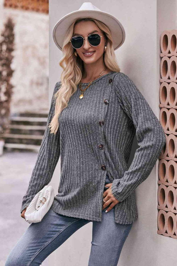 Double Take Ribbed Round Neck Buttoned Tee | 1mrk.com