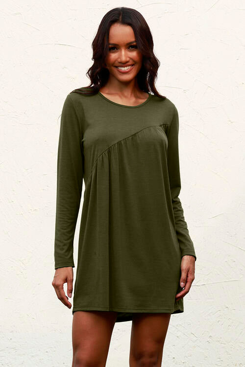 Ruched Round Neck Long Sleeve Dress | 1mrk.com