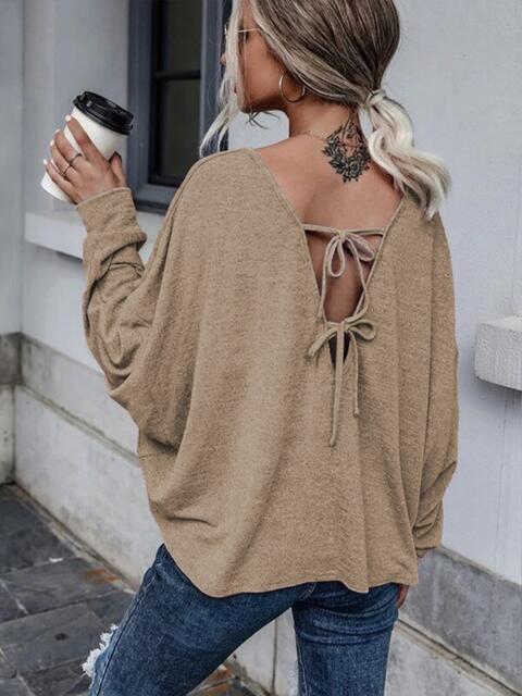 Full Size Round Neck Dropped Shoulder Tied T-Shirt | 1mrk.com