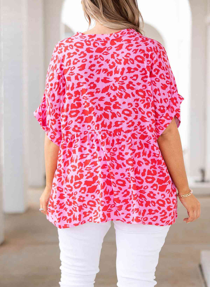 Plus Size Printed Notched Neck Half Sleeve Top | 1mrk.com