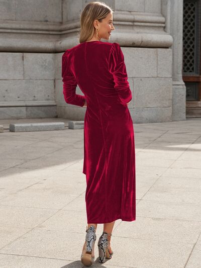 Surplice Puff Sleeve Midi Dress |1mrk.com