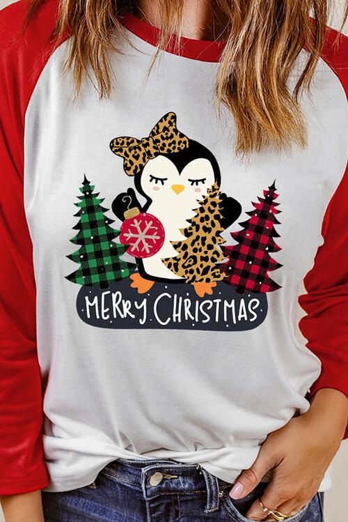 MERRY CHRISTMAS Penguin Round Neck Long Sleeve T-Shirt | 1mrk.com