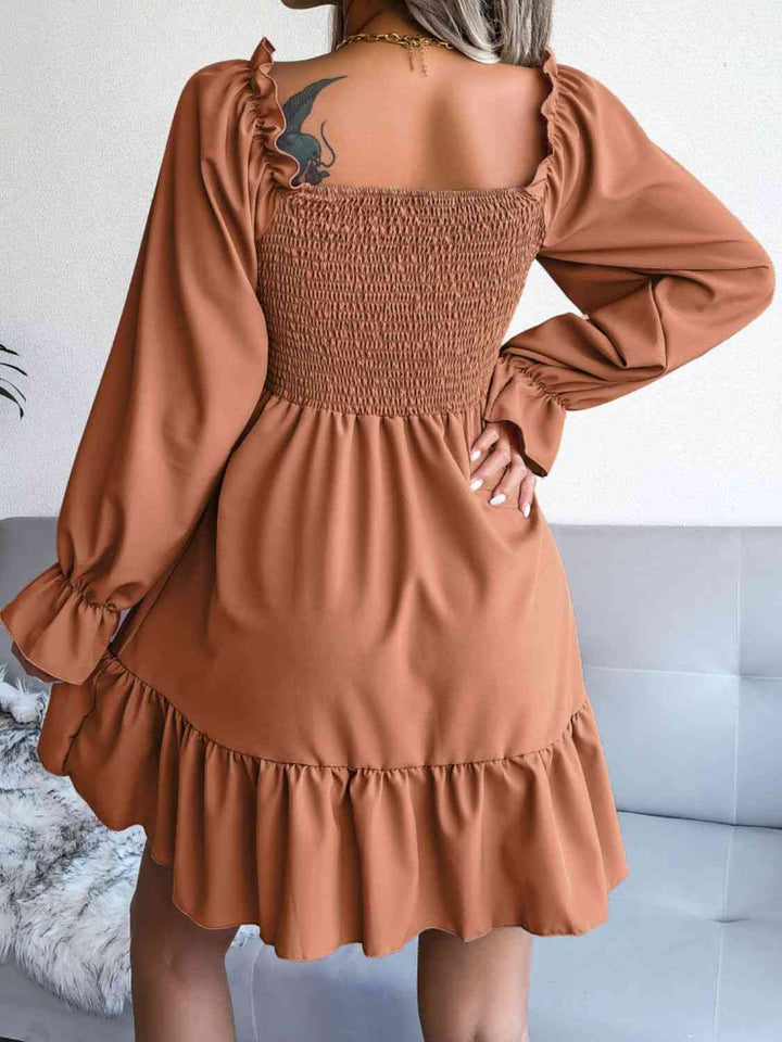 Smocked Flounce Sleeve Square Neck Dress |1mrk.com