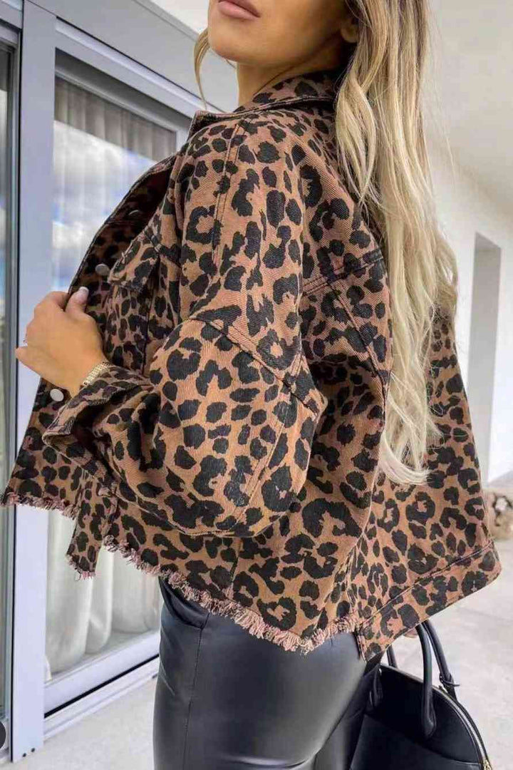 Leopard Raw Hem Denim Jacket | 1mrk.com