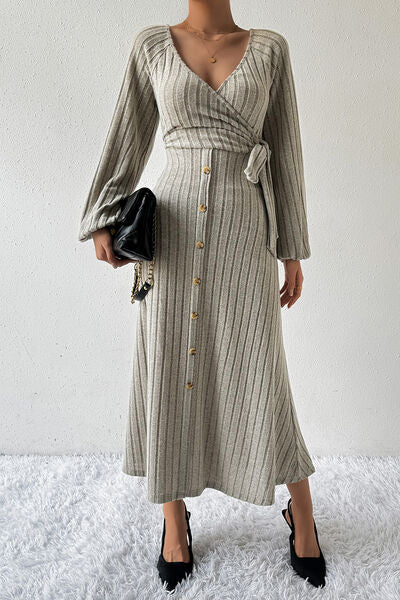 Surplice Tied Balloon Sleeve Midi Dress |1mrk.com