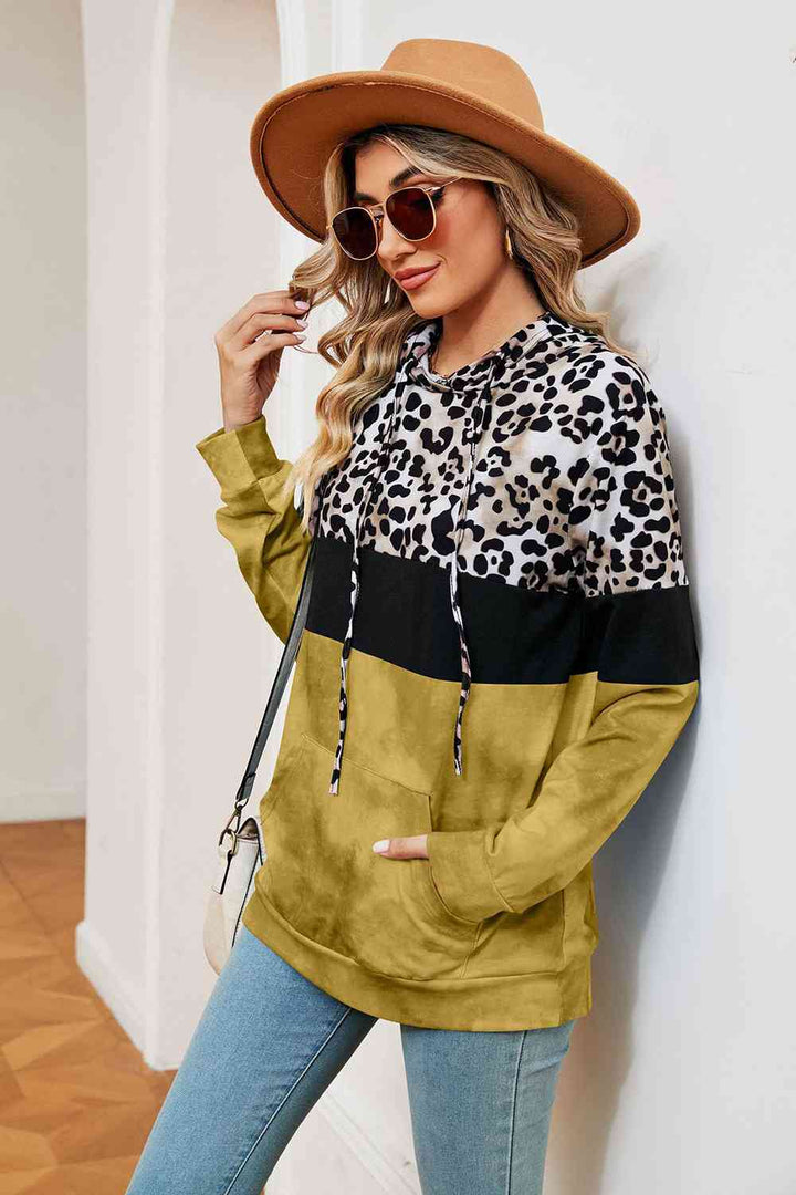 Leopard Drawstring Hoodie with Pocket |1mrk.com