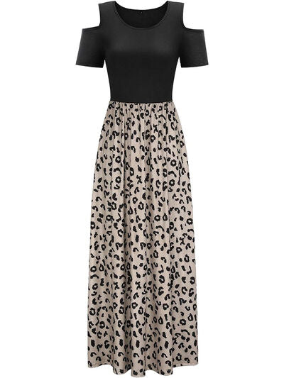 Leopard Round Neck Cold Shoulder Dress |1mrk.com