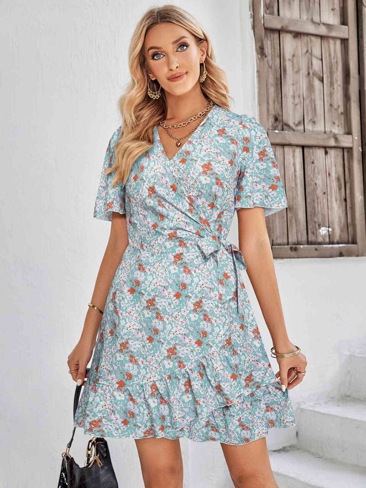 Floral Short Sleeve Ruffle Hem Dress |1mrk.com