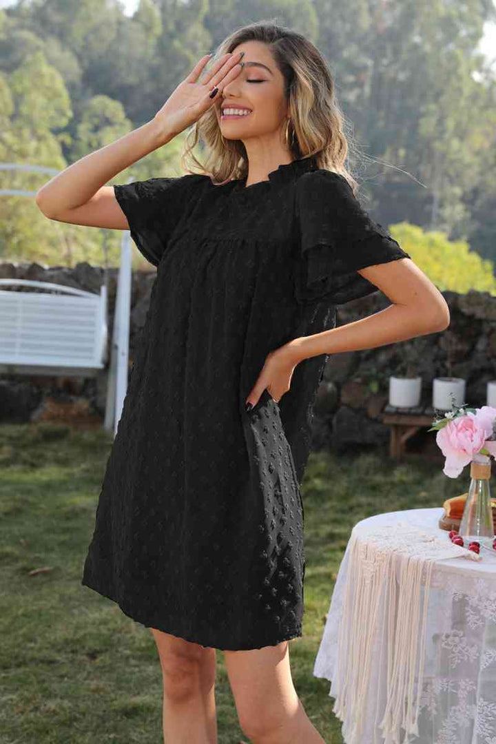 Swiss Dot Round Neck Flutter Sleeve Dress |1mrk.com