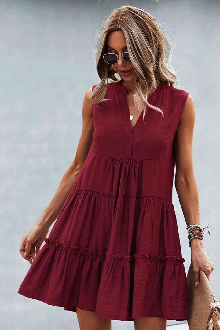 Frill Trim Notched Sleeveless Tiered Dress |1mrk.com