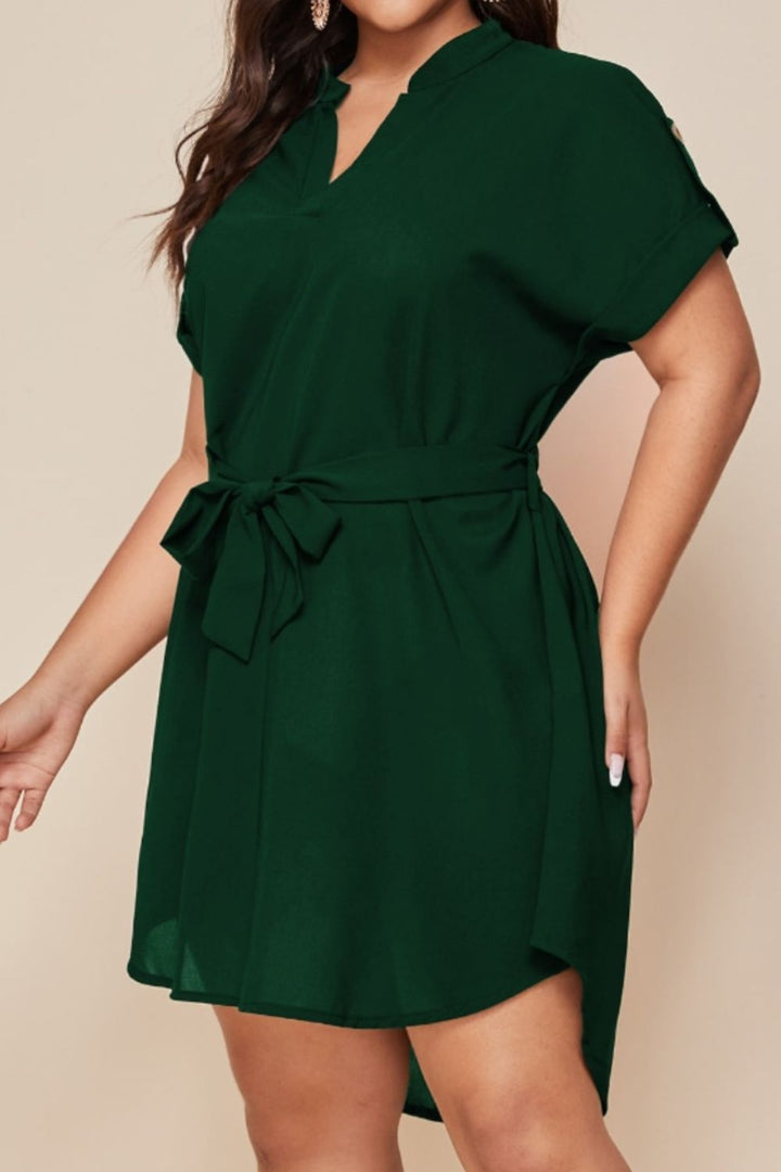 Plus Size Notched Tie Waist Mini Dress | Trendsi