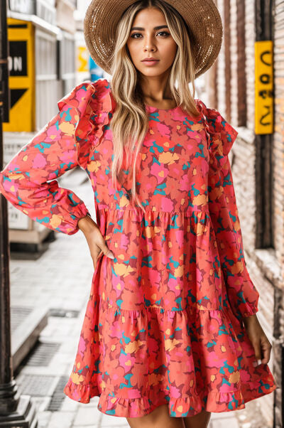 Printed Ruffle Trim Balloon Sleeve Tiered Dress |1mrk.com