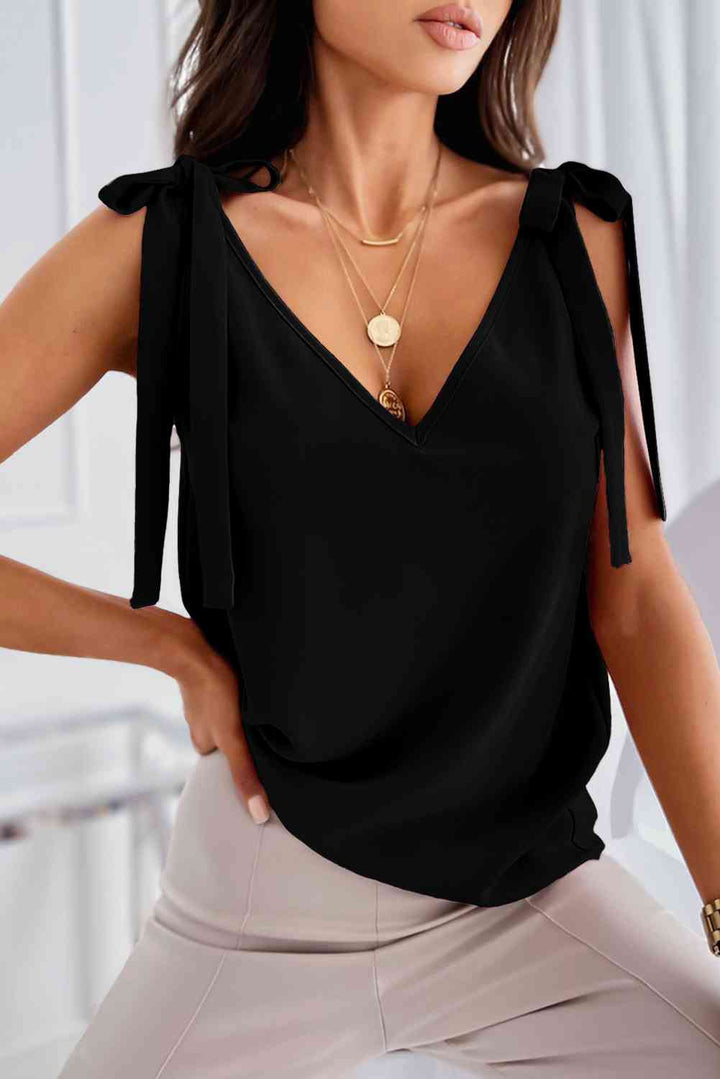 Tie-Shoulder V-Neck Satin Tank Top | 1mrk.com