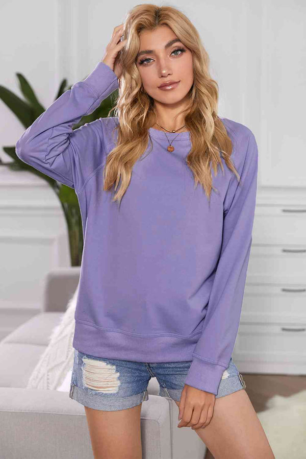 Round Neck Raglan Sleeve Exposed Seam Sweatshirt |1mrk.com