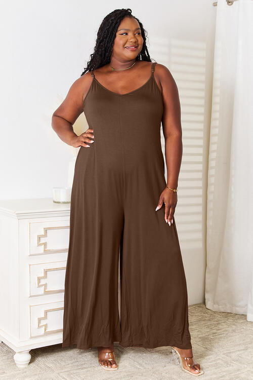 Double Take Full Size Soft Rayon Spaghetti Strap Tied Wide Leg Jumpsuit | 1mrk.com