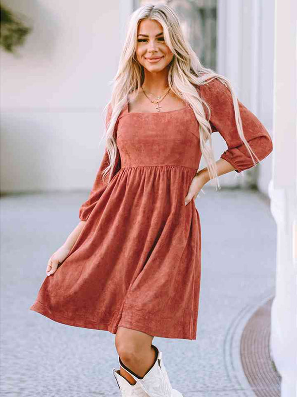 Square Neck Three-Quarter Sleeve Mini Dress | 1mrk.com