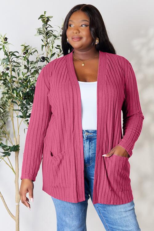 Basic Bae Full Size Ribbed Open Front Cardigan with Pockets | Trendsi