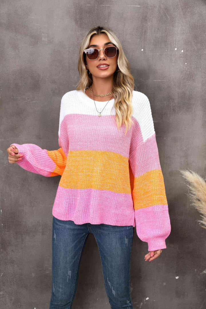 Color Block Round Neck Dropped Shoulder Sweater |1mrk.com