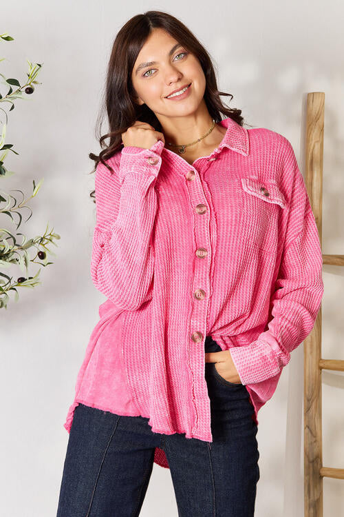 Zenana Waffle-Knit Button Up Collared Neck Shirt |1mrk.com