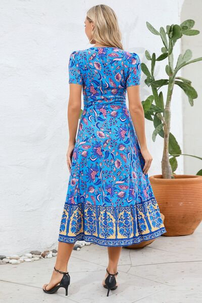 Printed Surplice Short Sleeve Dress |1mrk.com