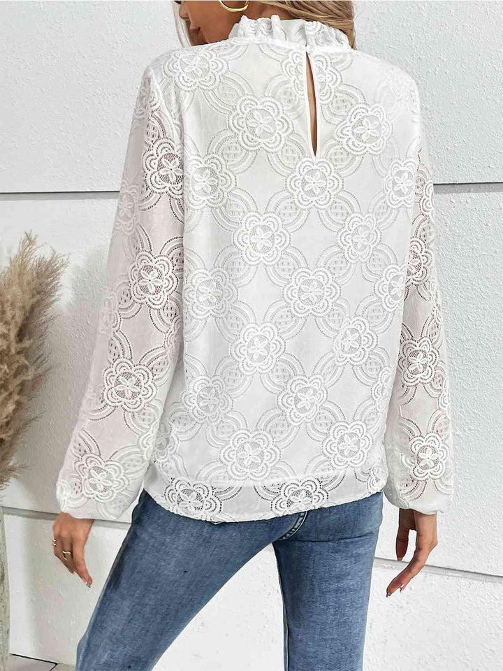 Eyelet Round Neck Long Sleeve Blouse | 1mrk.com