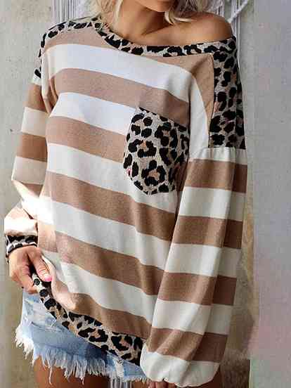 Striped Leopard Long Sleeves Top | 1mrk.com