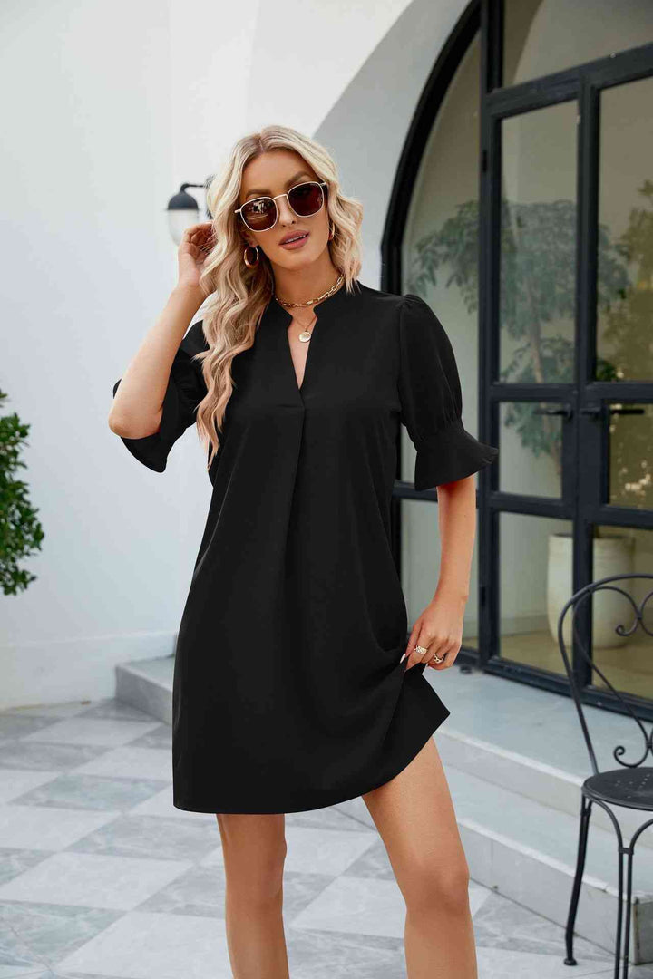 Notched Neck Flounce Sleeve Mini Dress |1mrk.com